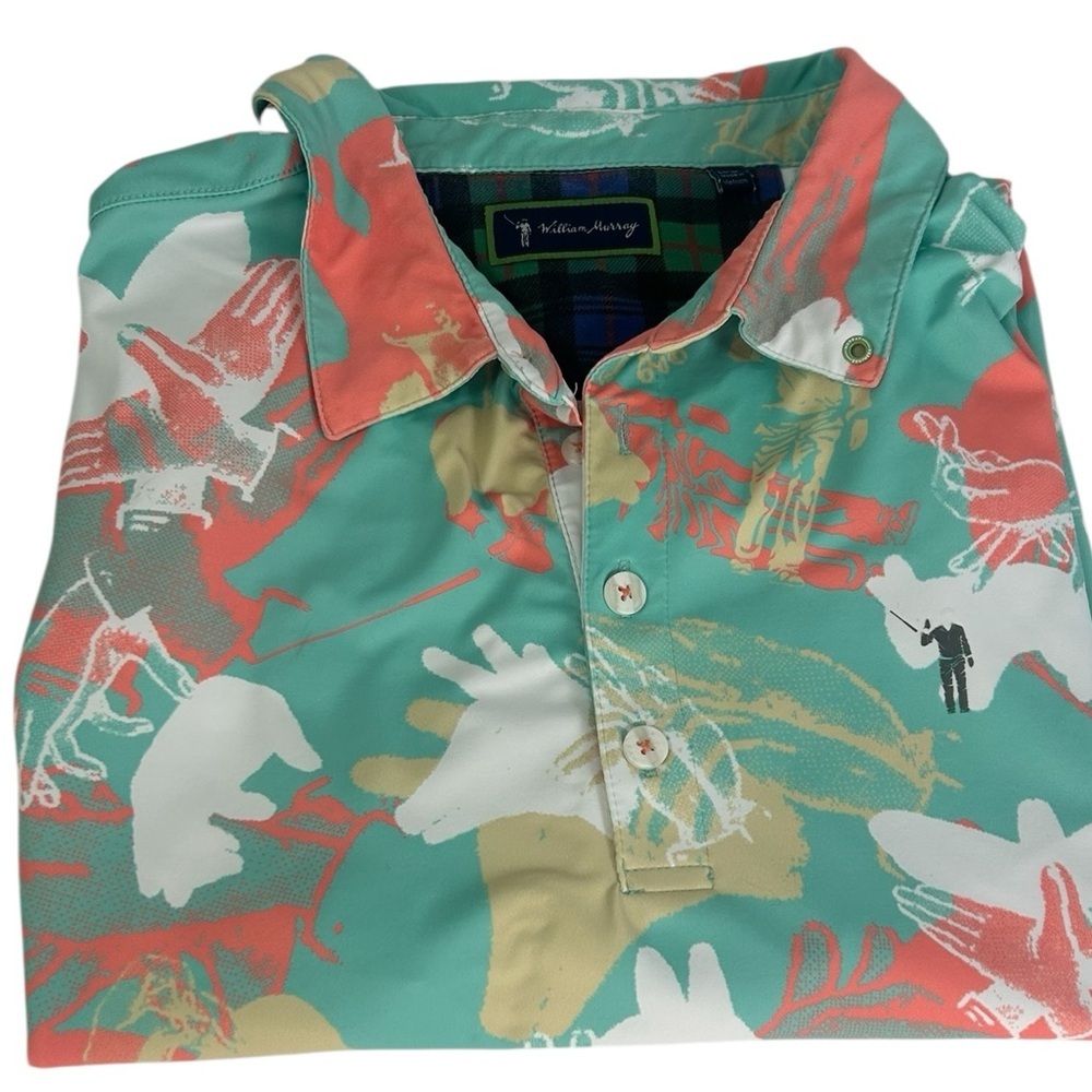William Murray Happy Hands Club Golf Polo Shirt Men Large Green Orange Tan White